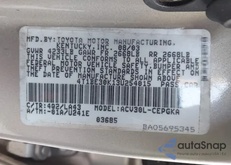 2003 Toyota Camry Xle from USA, damaged, VIN 4T1BE30K13U254015